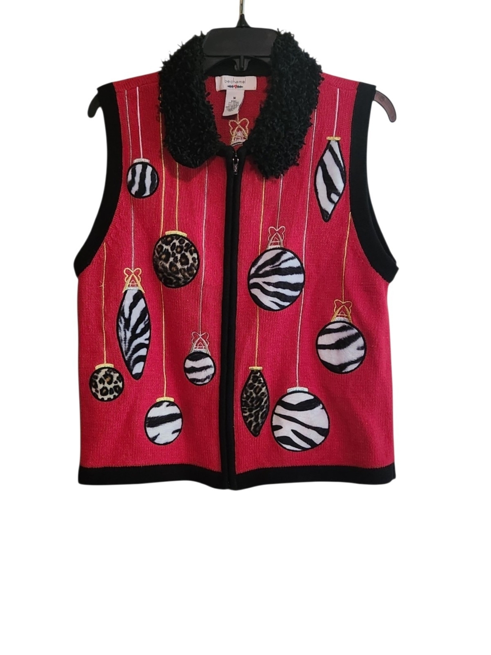 Bechamel Red Sleeveless Holiday Vest with Leopard Zebra Print Ornaments